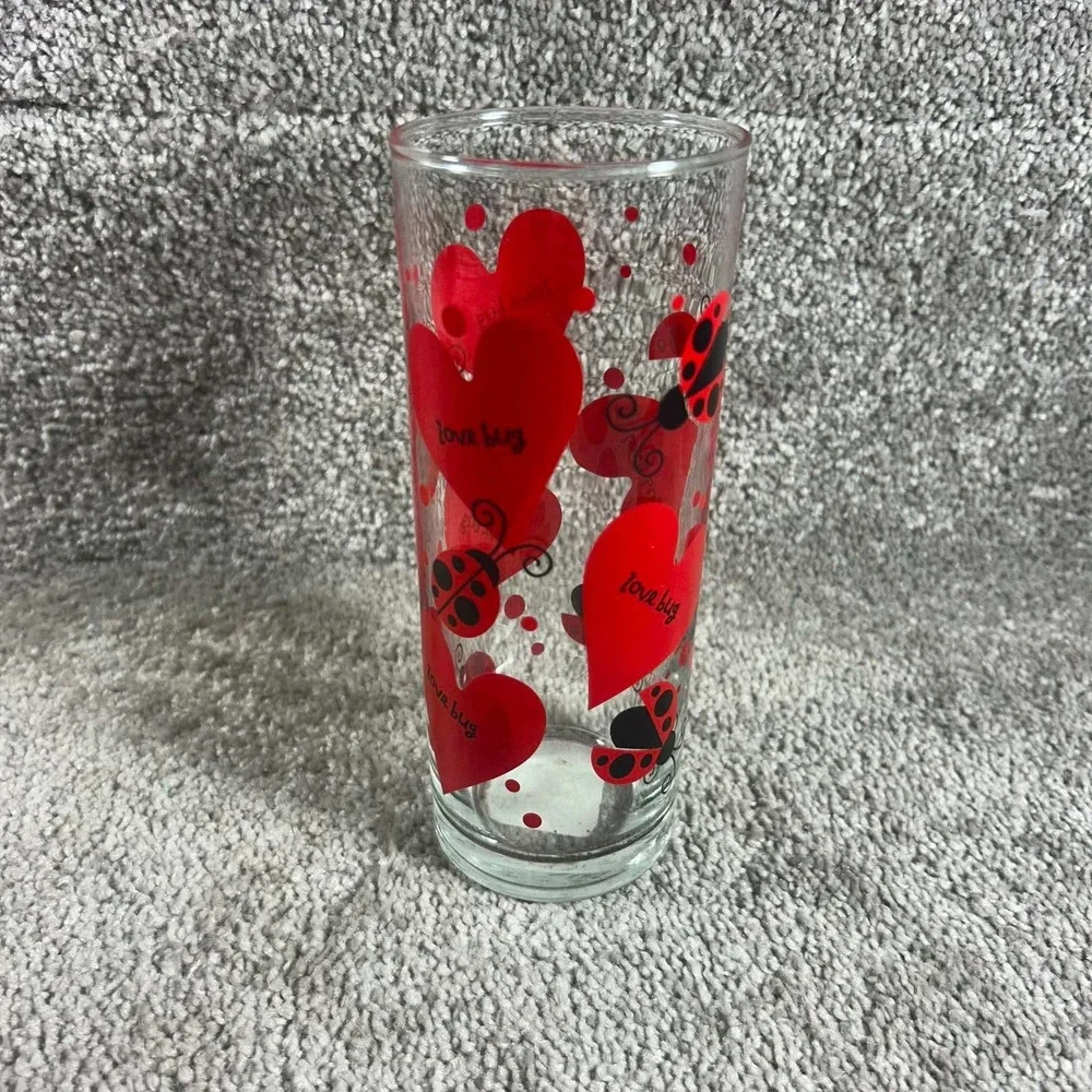 Highball Glass Red Love Bug Hearts Ladybug Valentine Tumbler Drinkware